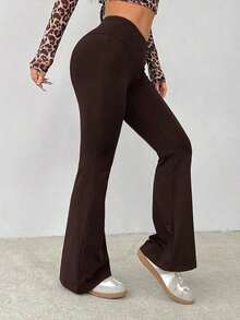 Pantalones acampanados de cintura alta envolvente de unicolor sencillo - Marrón - Ver 6