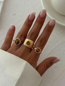 4pcs Vintage Gold Metal Rings Set, Elegant Brown Gemstone Inlaid Rings, Suitable For Layering, Women's Daily, Party, Holiday, Gift (Resin Gemstone Color & Pattern Random) - Yellow Gold - View 4