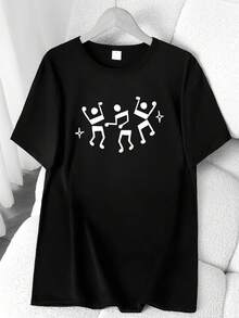 Dance Rhythm Print T-Shirt. Available In 6 Colors, Short Sleeves, Round Neck, High-Stretch Casual Sports Top. Machine Washable. Suitable For Spring And Summer. Can Be Worn In All Seasons. Women's Clothing. Elegant Party Outfit, T-Shirt For Elegant Ladies, Blouses Suitable For Curvy Women, Casual Wear, Cool And Sweat-Free Summer Wear, Fun Letter Print. - 黑色 - 查看 6