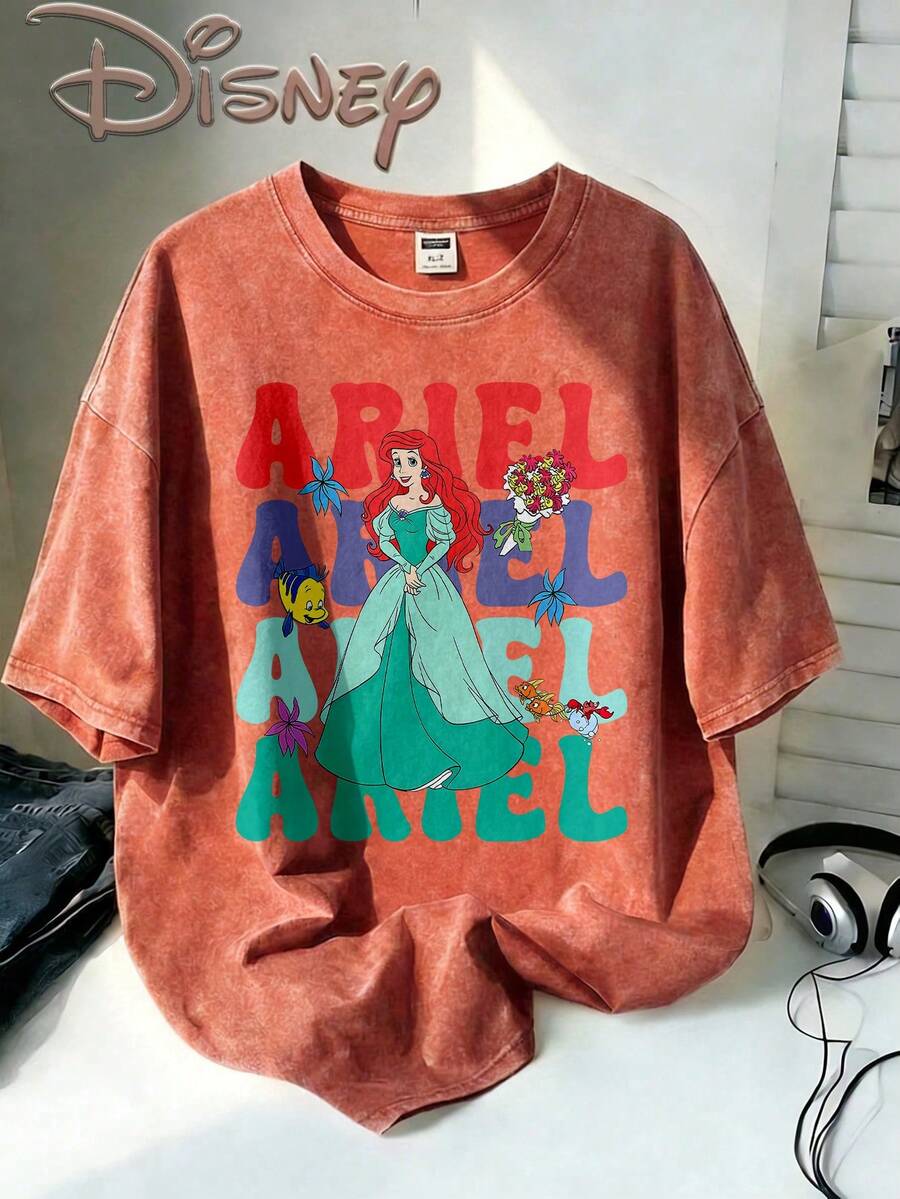 Disney Oversize Round Neck Washed T-Shirt With Disney Ariel Print, Disneyland, Disney Animal Kingdom, Disney Family Vacation Trip, Summer Outfits For Women, Vacation Outfits Women, Dresses,, Dresses For Women, Summer Clothes, Summer Tops, Capris For Women, Rompers For Women, Jeans For Women, Jorts, Graphic Tees Women, Tank Tops Women, Dresses For Women Summer, Summer Tops, Summer Clothes, Summer, Swimsuits For Woman, Bathing Suits For Women, Bikinis, White Tank Top, Women Sweatshirts & Hoodies, Cord Sets For Women, Trajes Elegantes De Mujer, Conjuntos De Dos Piezas Para Mujer, Skirt Two Piece Set, Conjuntos De Mujer, Blusas, Trajes De Mujer Casual, Free Shipping, Co Ords Sets Women, Faldas - Coral Orange - View 1
