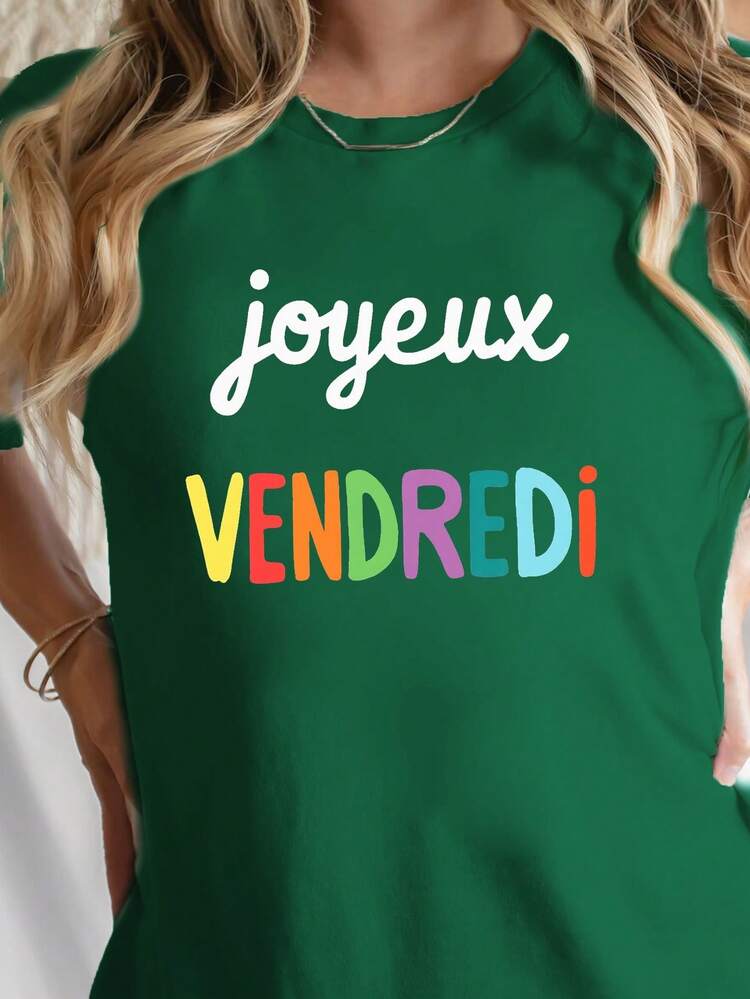 Bright Fridays Fun Print T-Shirt, Short Sleeves And Round Neck, Casual Style, Perfect For Spring And Summer, Women's Clothing, Women's Blouses. - Green - View 1