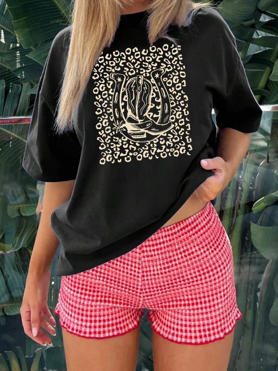 Women's Short-Sleeved T-Shirt With Western-Style Cowboy Boot Print, Western-Style Printed T-Shirt, Casual Black Round Neck T-Shirt, Elastic, Machine Washable, Suitable For Spring/Summer/Autumn. - Black - View 1