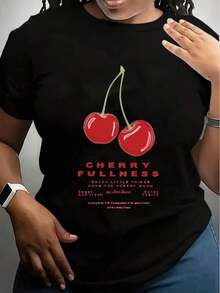 Cool Casual Cherry Print T-Shirt For Women - Cherry Print Graphic Tee, Funny Slogan 'Enjoy The Little Things, I Love You Cherries', Casual Summer Top, Fruit Design, Comfortable Cotton Blend T-Shirt For Everyday Wear. - 黑色 - 查看 7