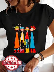 T-Shirt With Colorful Abstract Graphic Print, Short Sleeves, Round Neck, Casual Top For Summer And Spring, Women's Clothing - 黑色 - 查看 1