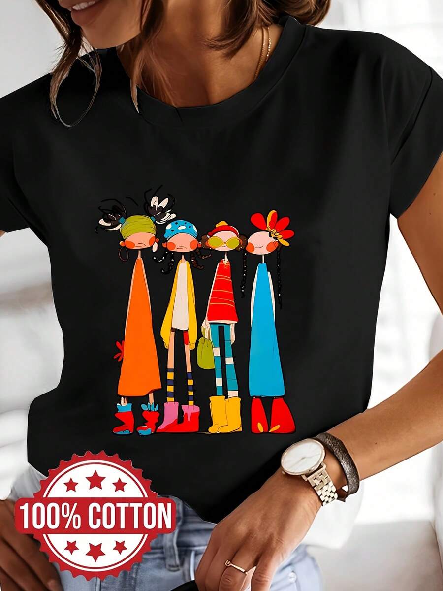 T-Shirt With Colorful Abstract Graphic Print, Short Sleeves, Round Neck, Casual Top For Summer And Spring, Women's Clothing - 黑色 - 查看 1