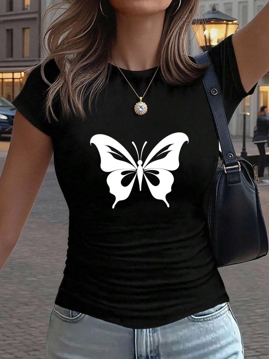 Slim Fit, Butterfly Print, Simple And Elegant Print Design - 2 Styles - Women's Casual Sportswear, Solid Color Details With Pleats At The Waist, Short Sleeve Round Neck T-Shirt Suitable For All Four Seasons. - 黑色 - 查看 1