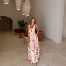 Women's Floral Print Maxi Dress, V-Neck Spaghetti Straps With Lace Trim & Cutout Detail For Beach & Vacation - 花色 - 查看 5