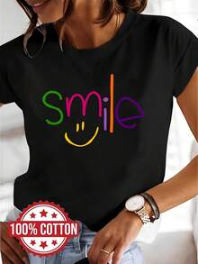 Women's 100% Cotton T-Shirt With Smile Print, Casual Short Sleeve Crew Neck T-Shirt, Suitable For Spring And Summer, Feminine Style. Women's T-Shirts. - 黑色 - 查看 12