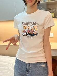 Short-Sleeved T-Shirt, Short-Sleeved T-Shirt, Women's Cartoon Print Crop Top, Women's Short-Sleeved T-Shirt, High-Elasticity Top #T274 - 白色 - 查看 1