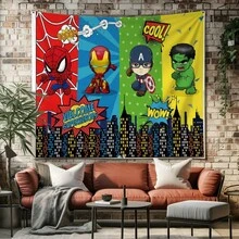 1pc Classic M Arvel Avengers Cartoon Welcome Backdrop S Pider-Man Ir On Man Ca Ptain America H Ulk City Skyline Party Decoration Anime Characters Bedroom Wall Hanging Decor Boys Room Gaming Room Layout Holiday Gathering Photography Background Cake Table Tapestry - Nhiều màu - Xem 6