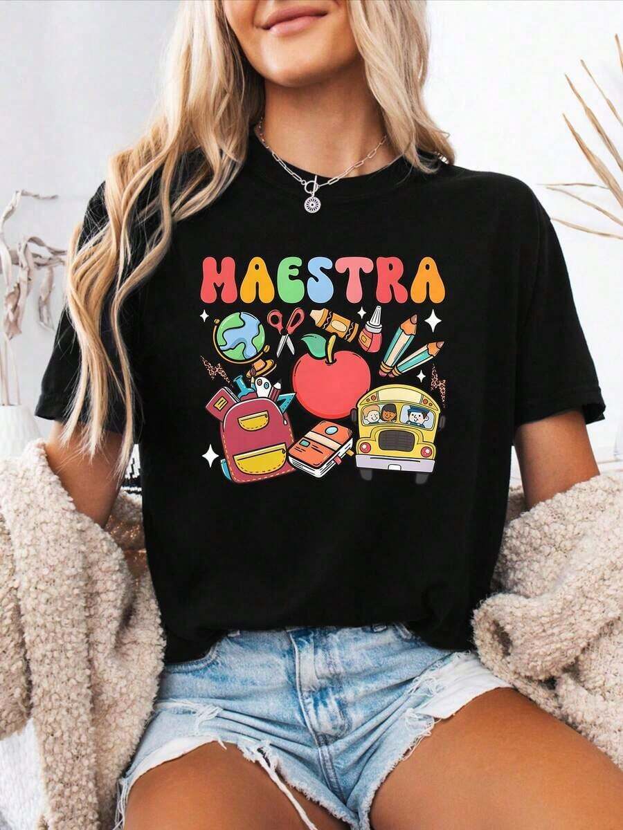 Camiseta casual de primavera y verano con estampado del alfabeto español, cuello redondo, manga corta, camiseta deportiva para mujer - Negro - Ver 1