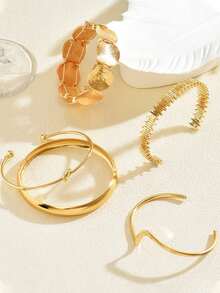 5pcs Elegant Minimalist Open Bangle Set, Fashion Layered Open Bangle Bracelet Combination, Versatile - Gold - View 5