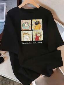 Camiseta Deportiva Casual para Mujer Oversized Negra con Ilustración Colorida de Gato - Camiseta Elástica de Cuello Redondo, Lavable aáquina, Ajuste Cómodo y Perfecta para Todas las Estaciones. - Negro - Ver 1