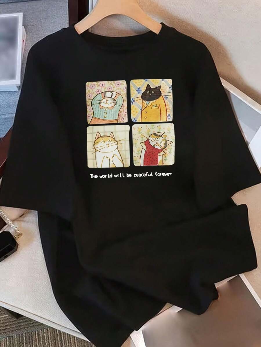 Camiseta Deportiva Casual para Mujer Oversized Negra con Ilustración Colorida de Gato - Camiseta Elástica de Cuello Redondo, Lavable aáquina, Ajuste Cómodo y Perfecta para Todas las Estaciones. - Negro - Ver 1