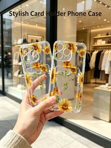 1 unidad Patrón floral de margaritas amarillas Funda para iPhone 14, protección anticaída con airbag reforzado en las cuatro esquinas, tarjetero invisible integrado en la parte trasera, compatible para tarjeta personal, carnet de conducir, tarjeta de acceso y tarjeta de transporte, funda protectora antigolpes portátil con ranura para tarjetas, diseño sencillo y elegante, ideal para uso diario, desplazamientos y viajes - transparente - Ver 3