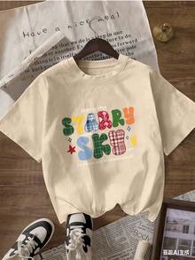 Starry Sky T-Shirt With Checkered Lettering,  Short-Sleeved T-Shirt For Spring/Summer 2026, Made In Mexico, 180 Grams. Cartoon Print, Couple Design, Suitable For Indoor Or Outdoor Wear. Crew Neck, Unisex, Ideal For The Office And Leisure. One-Pack. - APR-P631577SLNDXZGY584 - 查看 3