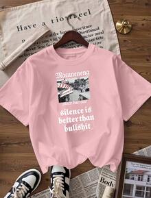 Retro Street Photo T-Shirt With "Silence Is Better Than" Slogan, Fashionable Short-Sleeve T-Shirt For Spring/Summer 2026, Made In Mexico, 180 Grams. Cartoon Print, Couple Design, Suitable For Indoor Or Outdoor Wear. Crew Neck, Unisex, Ideal For Office And Leisure. One-Pack. - PK-P631577SLNDXZGY586 - 查看 4