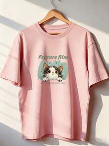 Cute Cat T-Shirt With "Feature Film" Text, Fashionable Short-Sleeved T-Shirt For Spring And Summer 2026, Made In Mexico, 180 Grams. Cartoon Print, Couple Design, Suitable For Indoor Or Outdoor Wear. Crew Neck, Unisex, Ideal For Office And Leisure. One-Pack. - PK-P631577SLNDXZGY609 - 查看 1