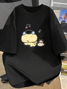 Women's Fashionable T-Shirt With Rubber Bear Design, Korean Style, Cute Loose Off-Shoulder T-Shirt With Rubber Bear Listening To Music And Puppy Print, High-Quality Casual Summer Top - 黑色 - 查看 1
