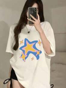 New Summer 2026 Pure Cotton T-Shirt, Women's Short Sleeve, Unique Design Print, Loose Fit Mid-Sleeve Top For Students - Vintage Street Style, Unisex, Loose Fit Cotton, Short Sleeve, Round Neck, 100% Cotton, Soft Fabric, Short Sleeve. - 白色 - 查看 1