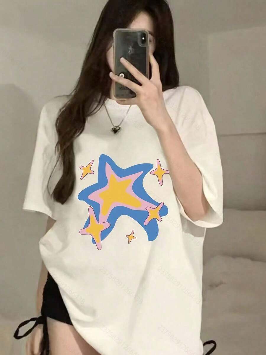New Summer 2026 Pure Cotton T-Shirt, Women's Short Sleeve, Unique Design Print, Loose Fit Mid-Sleeve Top For Students - Vintage Street Style, Unisex, Loose Fit Cotton, Short Sleeve, Round Neck, 100% Cotton, Soft Fabric, Short Sleeve. - 白色 - 查看 1