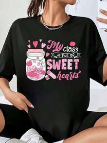 My Classroom Is Full Of Sweet Hearts, Valentine's Day Teacher T-Shirt For Women, Heart Jar Design, T-Shirt, Valentine's Day Gift For Teachers - 黑色 - 查看 7