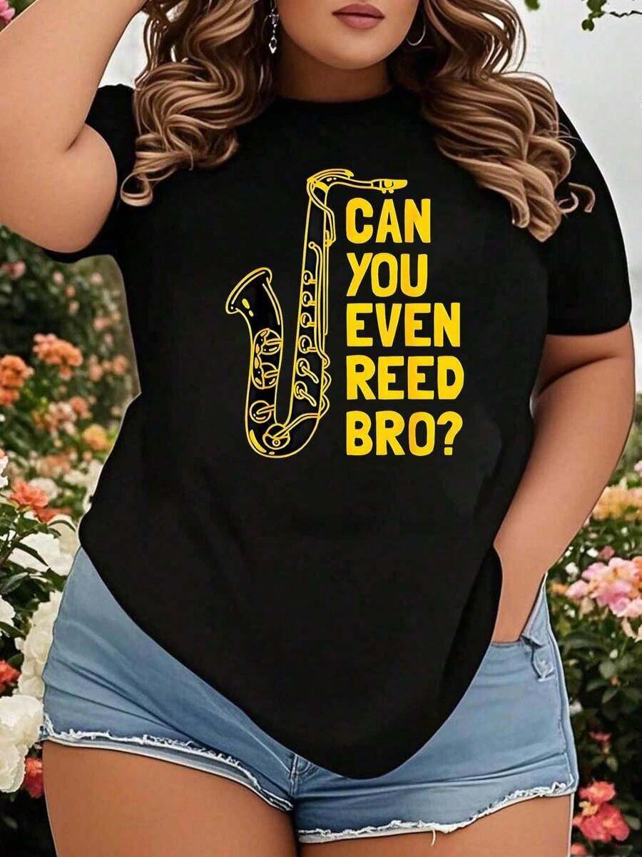 Women's Fun Music T-Shirt With Saxophone Graphic Design, Plus Size, Casual, Summer, Gift For Music Lovers - Black - View 1