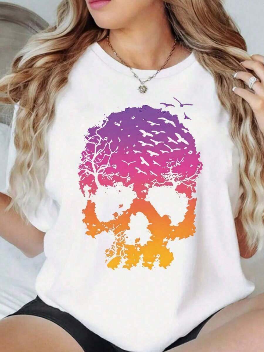 Women's Oversized Printed Loose Fit T-Shirt - Casual Polyester Fabric With Crew Neck, All-Season Comfort, Festive Holiday Top, 1 Piece, Crew Neck, 100% Cotton, Soft Fabric, Short Sleeve - 白色 - 查看 1