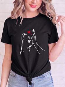 Women's Short-Sleeved T-Shirt With Interactive Cat-Themed Heart Line Print, Round Neck, Machine Washable, Soft And Breathable, Suitable For Spring, Summer, Autumn, Casual And Versatile, Everyday Top For Women, Sizes S-XXL, Ideal For Going To Work, Shopping, Going Out, Relaxing At Home And For Cat Lovers, Suitable For Multiple Occasions. - 黑色 - 查看 12
