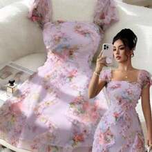Nuevo vestido de tirantes ajustado con volantes y estampado floral retro de tipo pixelado, elegante y bonito, para primavera/verano - Morado - Ver 1