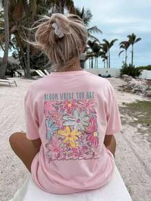 Women's T-Shirt With Letter Print, Round Neck, And Short Sleeves, Casual And Versatile Style For Holidays, Suitable For Daily Wear, Vacations, And Summer Fashion - 淺粉色 - 查看 5