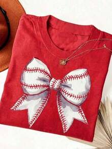 Mayan Culture 2026 Summer Clothes, Comfortable Blouse With Baseball Bow Print, Flirty Baseball Game Day T-Shirt, Baseball Season T-Shirt, Baseball Fan T-Shirt, Crew Neck Graphic Print T-Shirt For Sporty Moms, Loose And Comfortable Summer Tops, Cotton T-Shirt - 紅色 - 查看 3