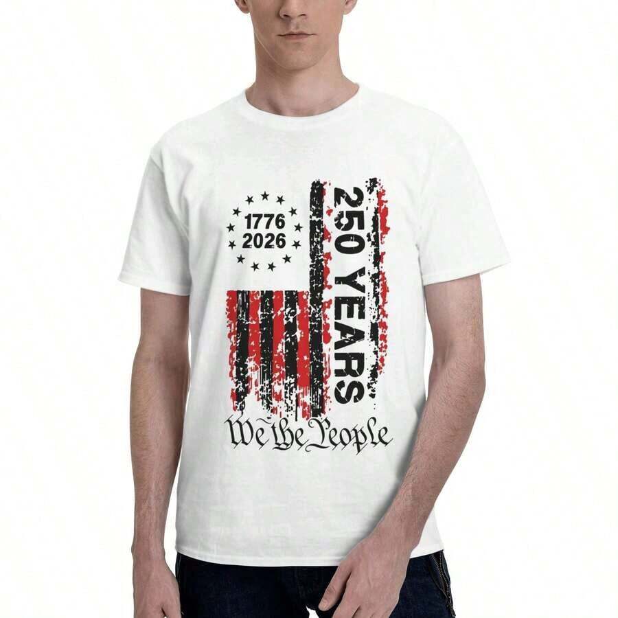 Men's T-Shirt For The 250th Anniversary Of The Founding Of The USA - Retro T-Shirt With The American Flag, Suitable For The 4th Of July, 250th Anniversary Celebration, Crew Neck, Casual Wear, Machine Washable, Vintage Patriotic Clothing For A Comfortable American History Gift To Wear All Year Round. - 白色 - 查看 1