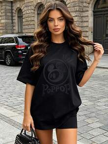 Women's Soft And Casual Short-Sleeved T-Shirt With A Round Neck, Featuring An Embroidered Print Of A Cute Poppop Mouse, Perfect For Everyday Casual Wear. White. - 黑色 - 查看 2
