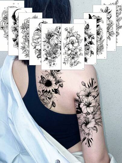 10-Piece Set Of Exquisite Large-Format Creative Tattoo Stickers, Featuring Animal Designs Combined With Various Flowers, Suitable For Both Men And Women. The Collection Includes A Variety Of Animals Such As Snakes, Lions, Butterflies, And Water Deities, Along With Realistic Line Flowers, Exuding A Bold Personality. These Stickers Can Be Applied To Various Body Parts Like Arms, Chest, Back, Thighs, Calves, And More, Offering Waterproof Durability And Lifelike Quality