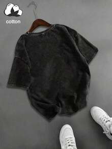 de mujer talla grande con muñeca sorprendida, cuello redondo, manga corta, casual, para primavera/verano/otoño, tops de vacaciones de verano - Negro - Ver 7