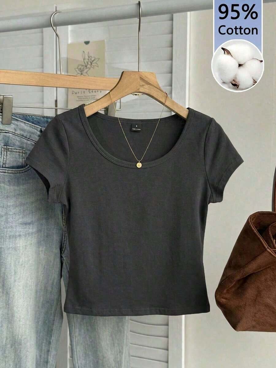 Camiseta ajustada de mujer con cuello de pico, manga raglán y patrón minimalista, 95% algodón, color caqui - Gris Oscuro - Ver 1
