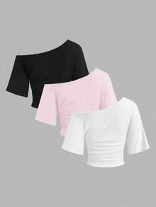 Nuevo conjunto de 3 piezas ajustado con hombros descubiertos, estilo sexy europeo y americano.Camiseta de unicolor versátil y casual para mujer, adecuada para primavera/verano, uso diario, ir al trabajo, citas - Multicolor 7 - Ver 2