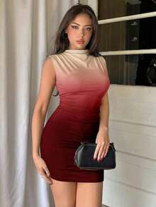 Vestido ajustado con fruncidos de estilo minimalista y sin mangas de unicolor para mujer - Burdeos 3 - Ver 4