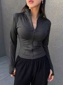 Chaqueta Ajustada Con Cierre De Cremallera Para Mujer - Gris Oscuro 2 - Ver 6