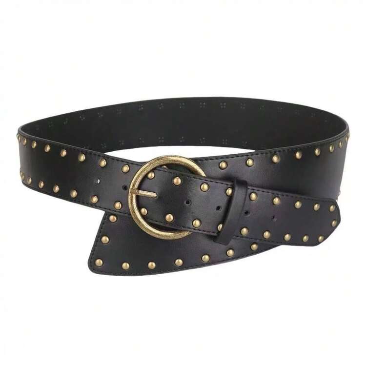 New Y2K Style Rivet Curved Waist Belt, Multifunctional Asymmetrical Belt - Black Silver Buckle - View 12