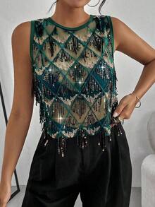 Top corto casual de mujer con malla y lentejuelas - Verde - Ver 5