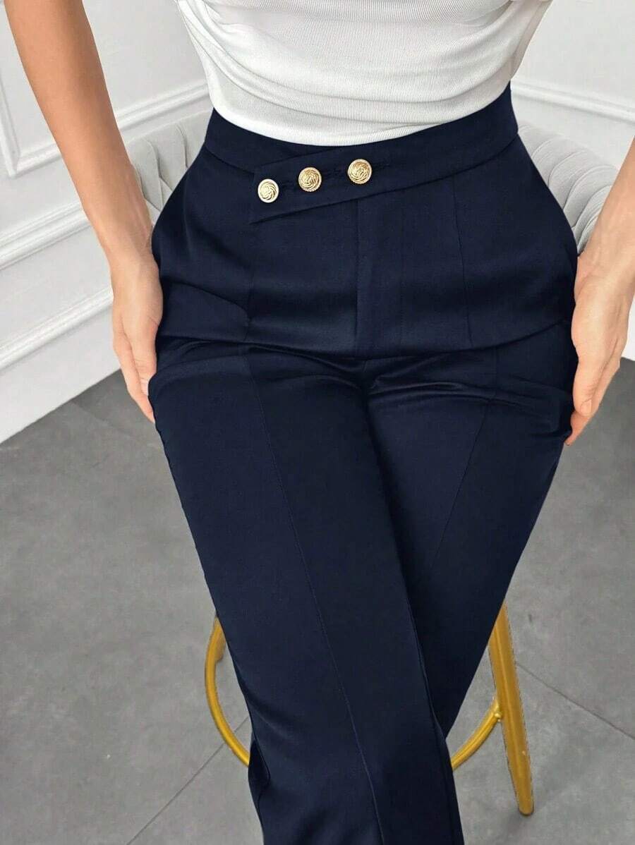 Pantalones elegantes de mujer con pierna recta, cintura suelta y detalles de botones para otoño/invierno - Azul marino - Ver 1