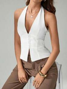 Tall Blazer casual de unicolor con cuello en V para mujer, top de traje tejido - Conjunto de otoño vintage seductor de oficina para maestras - Blanco - Ver 1