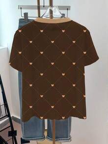 Camiseta de mujer con cuello redondo, estampado de corazones y lunares, y bloques de color - Marrón - Ver 2