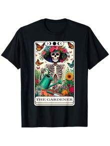 Camiseta de Tarot "Gardening Mom", Camiseta Casual de Manga Corta, Estampado de Carta de Tarot de Jardinero, Tallas S a XXXL, Ropa de Jardinería para Exteriores, Camiseta Cómoda de Manga Corta para Todas las Temporadas, Camiseta con Estampado de Verano 2026 del Mismo Estilo, 180 gramos. - Negro - Ver 1
