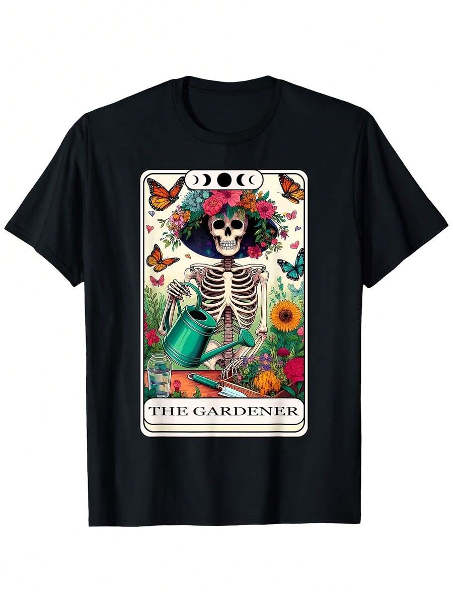 Camiseta de Tarot "Gardening Mom", Camiseta Casual de Manga Corta, Estampado de Carta de Tarot de Jardinero, Tallas S a XXXL, Ropa de Jardinería para Exteriores, Camiseta Cómoda de Manga Corta para Todas las Temporadas, Camiseta con Estampado de Verano 2026 del Mismo Estilo, 180 gramos. - Negro - Ver 1