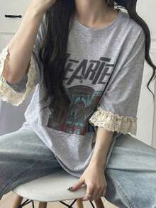 Camiseta de manga corta para mujer con ajuste holgado, estampado de letras, parches de encaje, de mezcla de algodón transpirable, versátil para primavera/verano - Gris 3 - Ver 5