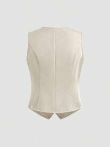Chaleco minimalista de unicolor con cuello en V, sin mangas y con botones delanteros - Caqui - Ver 2