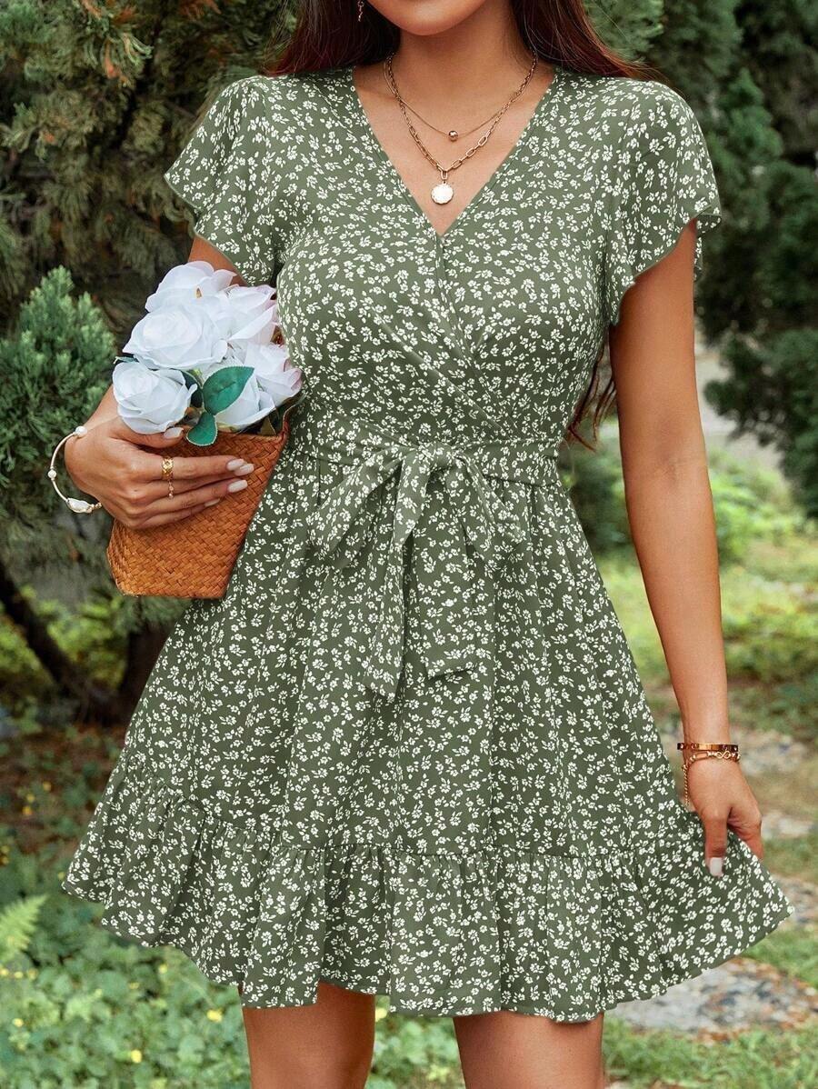 Estampado Floral Con Cinturón Para Mujer De Verano - Verde - Ver 1